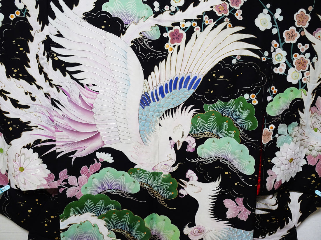 Japanese Antique Rare Taishō Uchikake with Phoenix Motifs – Yuzen Art & Gold Embroidery / Black 17524