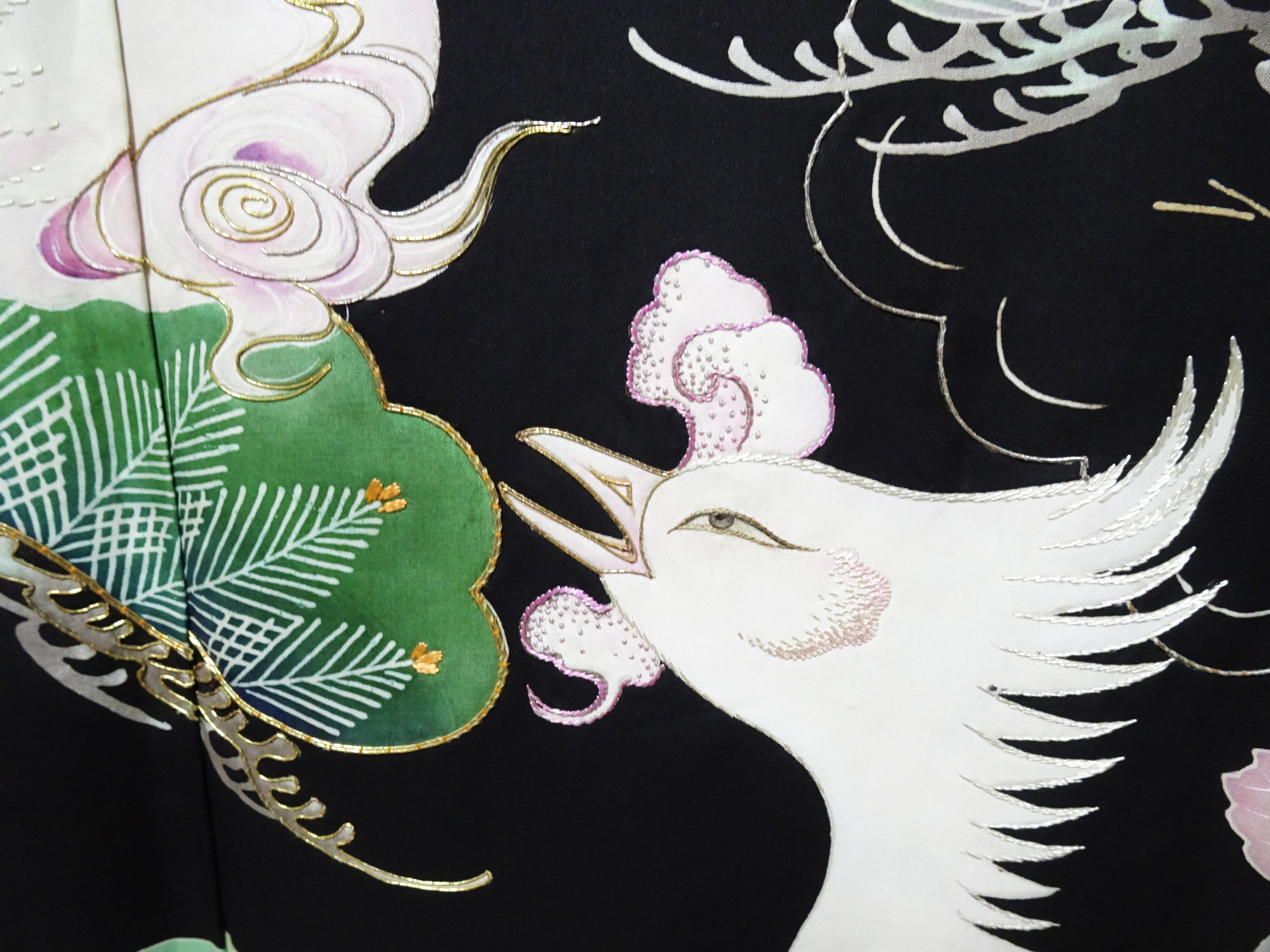 Japanese Antique Rare Taishō Uchikake with Phoenix Motifs – Yuzen Art & Gold Embroidery / Black 17524