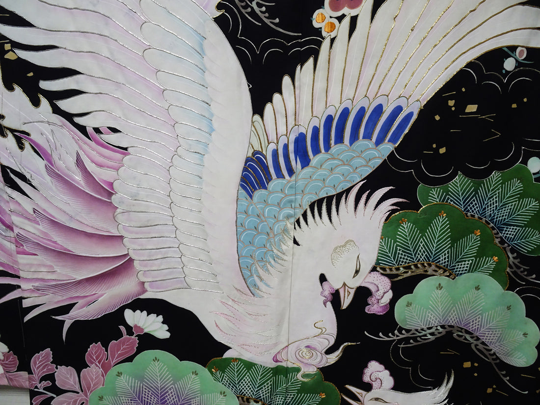 Japanese Antique Rare Taishō Uchikake with Phoenix Motifs – Yuzen Art & Gold Embroidery / Black 17524