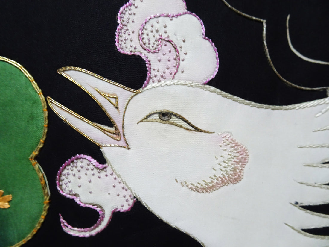 Japanese Antique Rare Taishō Uchikake with Phoenix Motifs – Yuzen Art & Gold Embroidery / Black 17524