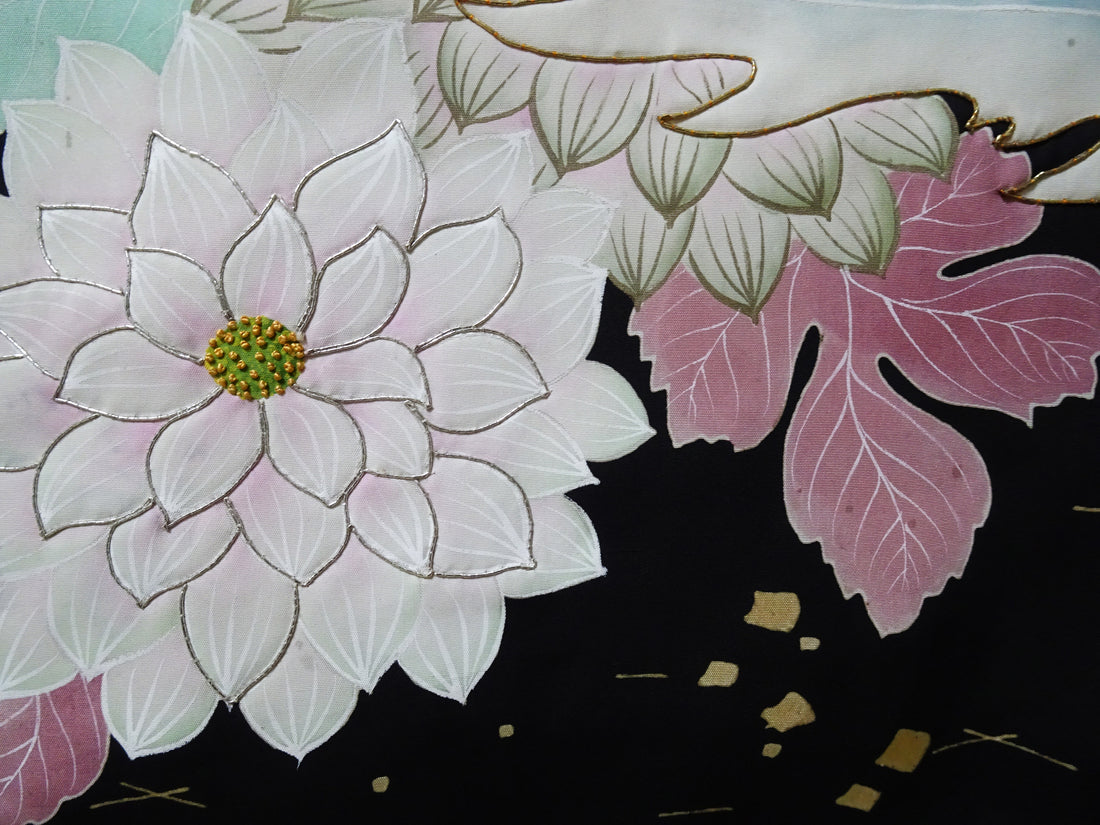 Japanese Antique Rare Taishō Uchikake with Phoenix Motifs – Yuzen Art & Gold Embroidery / Black 17524