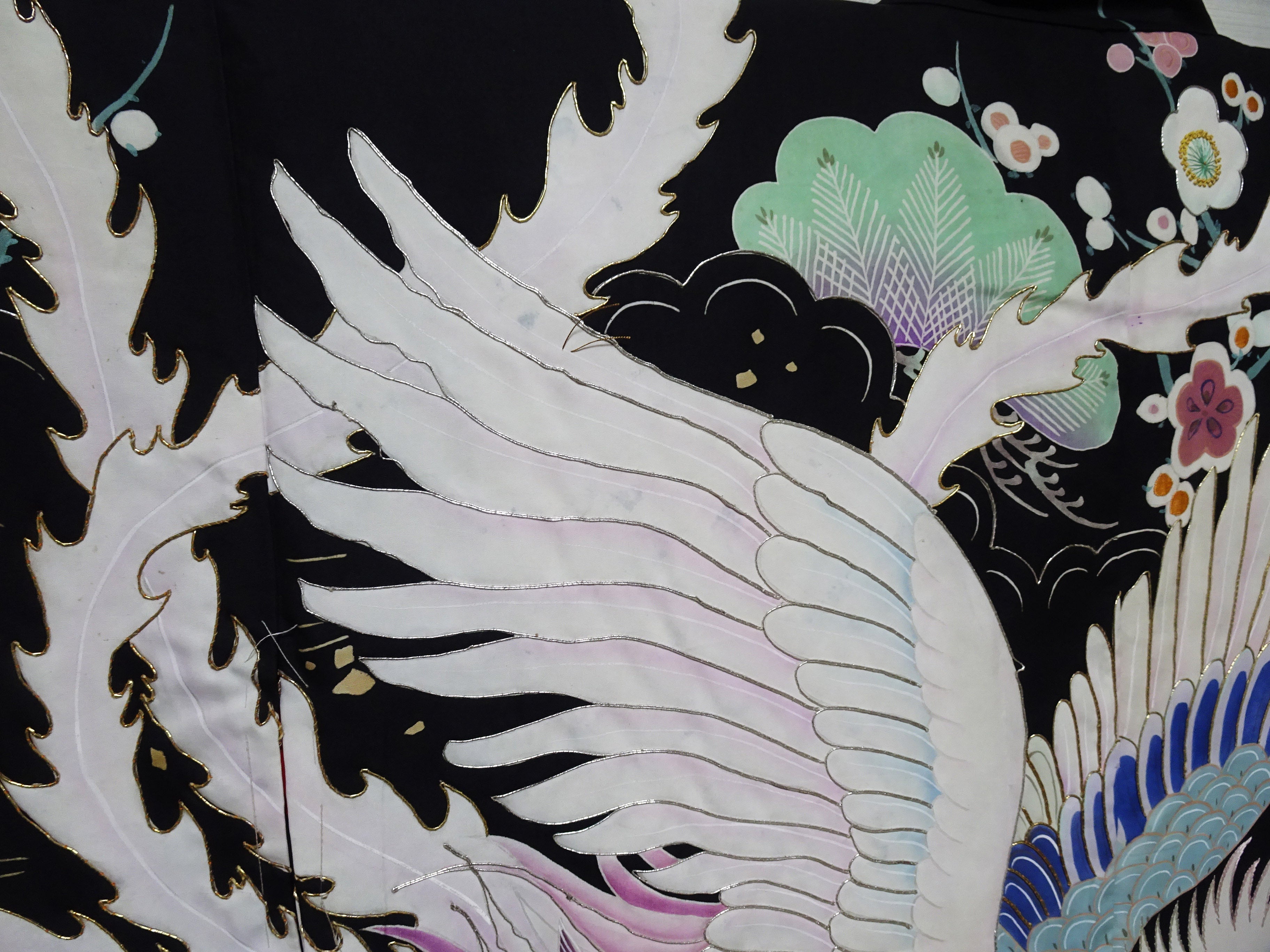 Japanese Antique Rare Taishō Uchikake with Phoenix Motifs – Yuzen Art & Gold Embroidery / Black 17524