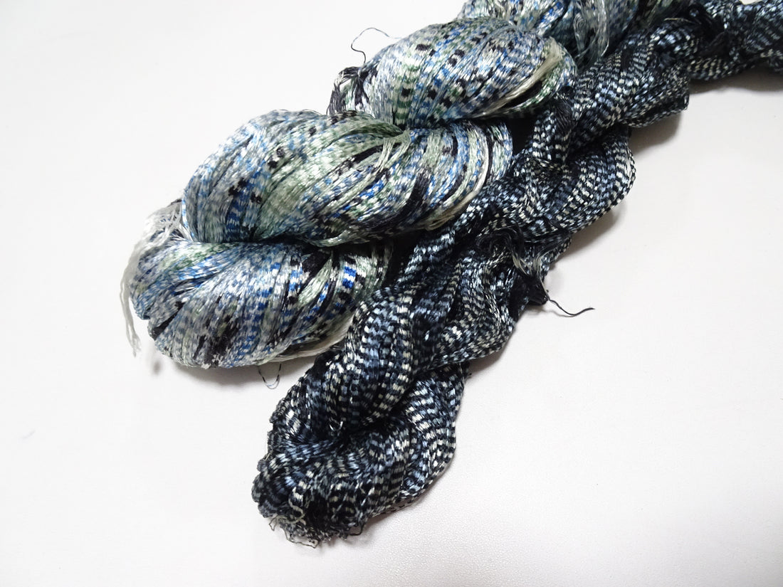 Japanese Vintage Super Rare Indigo Mud Dyeing Kasuri loose Twisted Silk Thread 2sets Embroidery & weave 13620