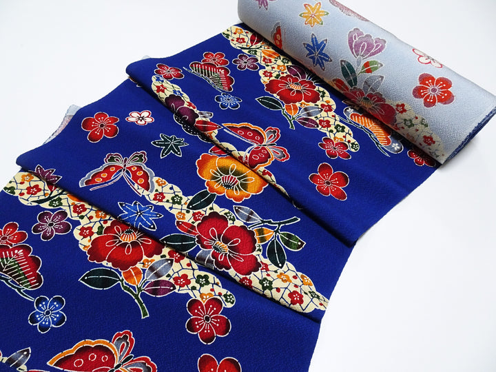 Exceptional Kyoto Yuzen Komon Chirimen Fabric Bolt – Deep Blue Floral & Butterfly Design – Pristine Condition 15493