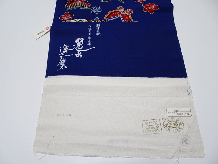 Exceptional Kyoto Yuzen Komon Chirimen Fabric Bolt – Deep Blue Floral & Butterfly Design – Pristine Condition 15493