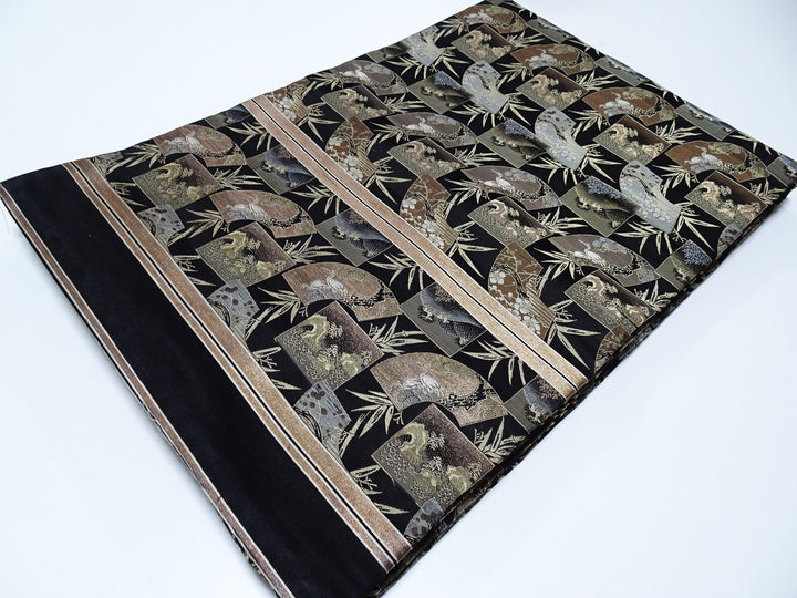 Japanese Meiji-Era Maru Obi – Full Pattern on Both Sides – Fan Motif – Black 14012