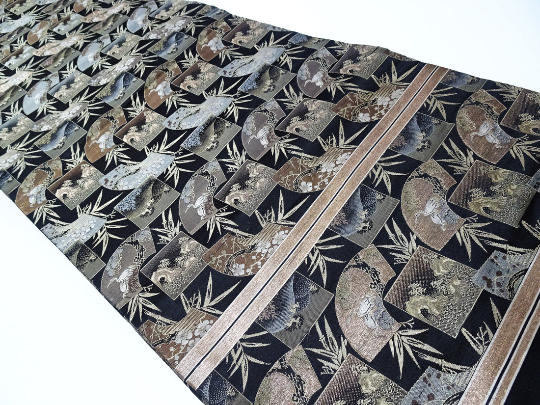 Japanese Meiji-Era Maru Obi – Full Pattern on Both Sides – Fan Motif – Black 14012