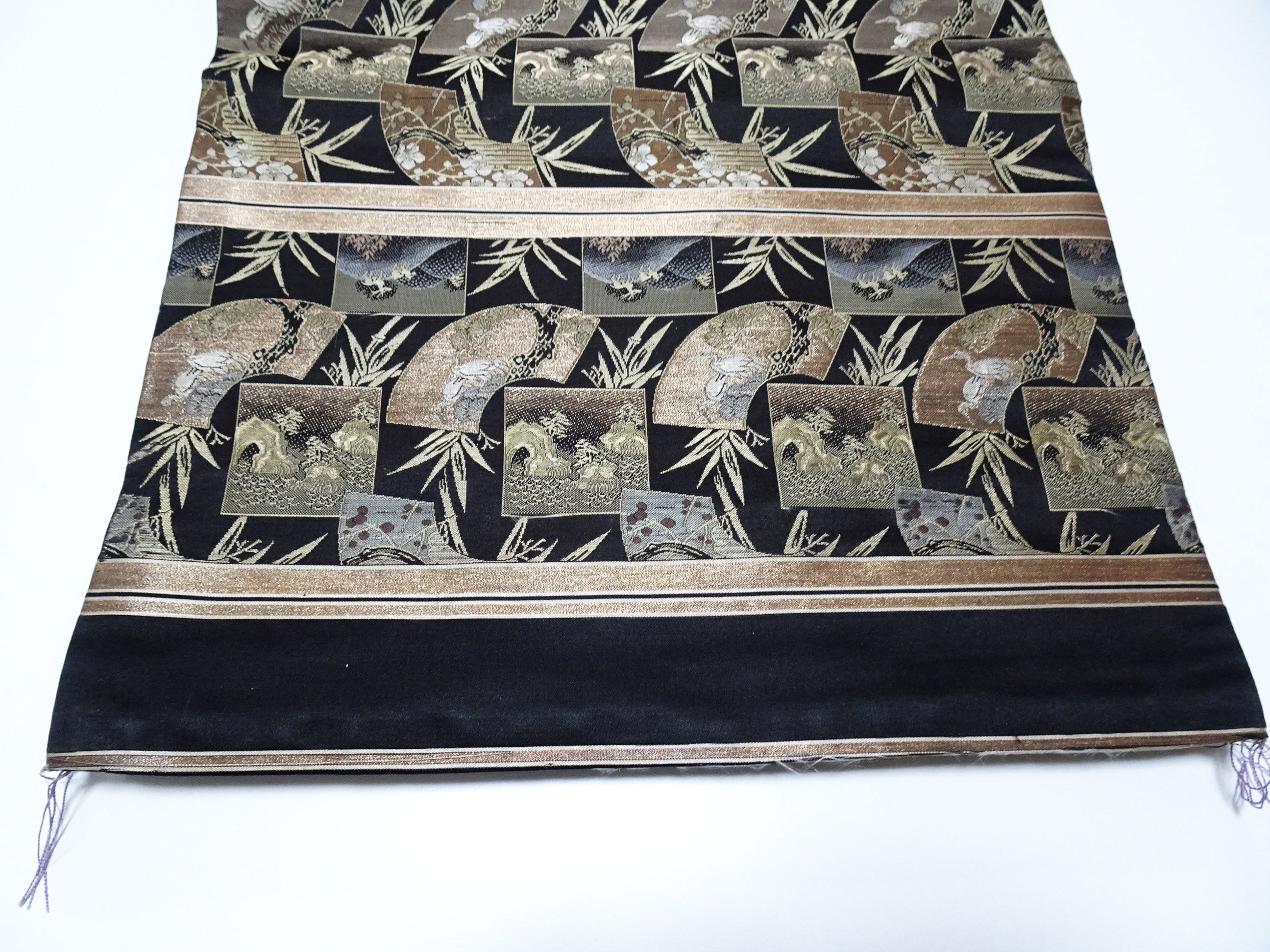 Japanese Meiji-Era Maru Obi – Full Pattern on Both Sides – Fan Motif – Black 14012