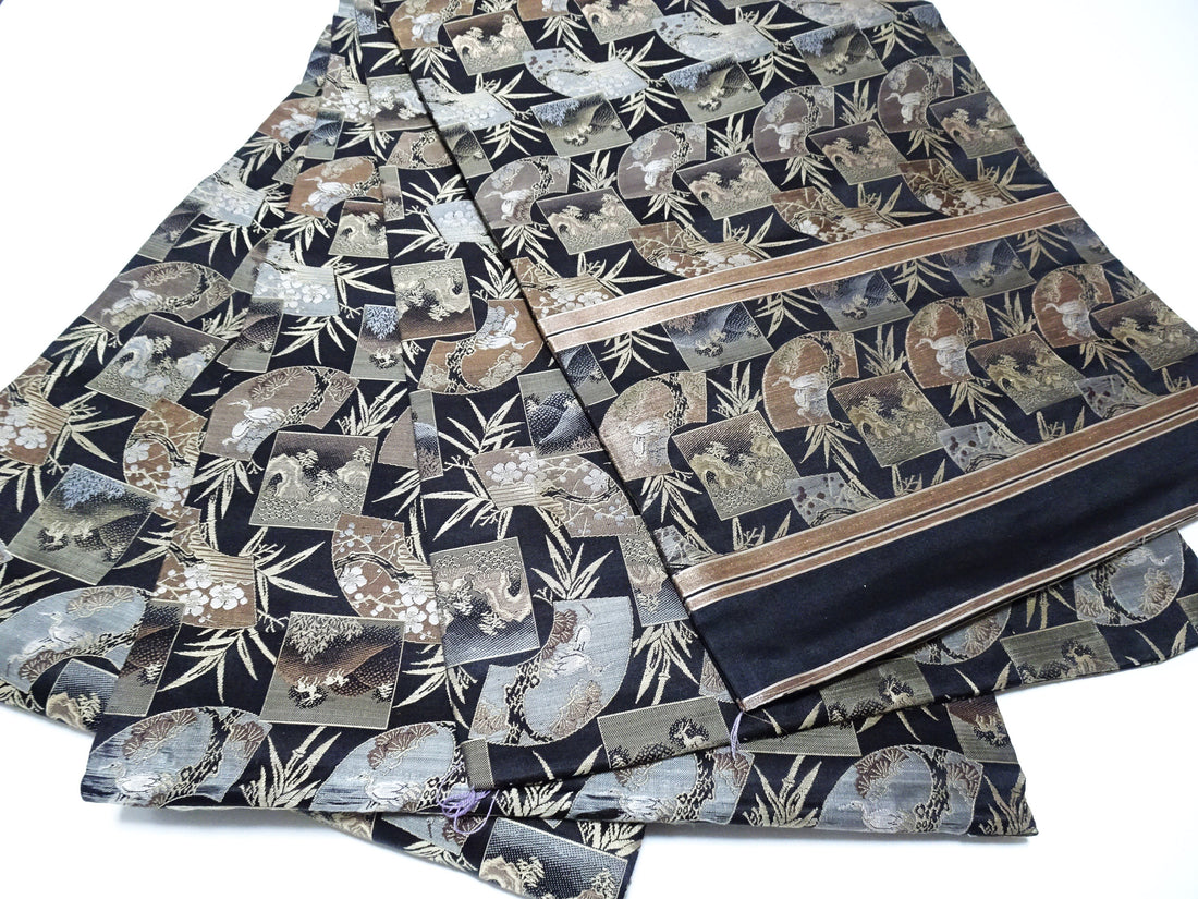 Japanese Meiji-Era Maru Obi – Full Pattern on Both Sides – Fan Motif – Black 14012