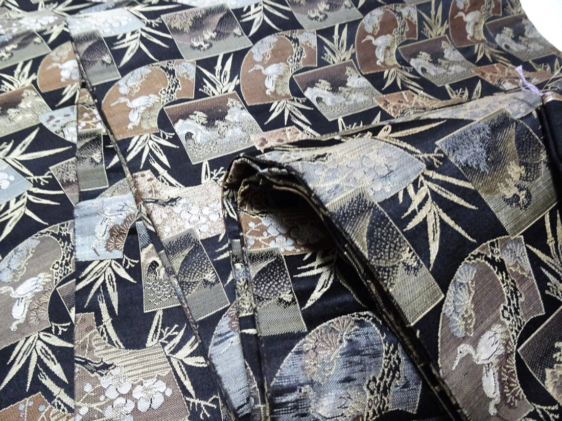 Japanese Meiji-Era Maru Obi – Full Pattern on Both Sides – Fan Motif – Black 14012