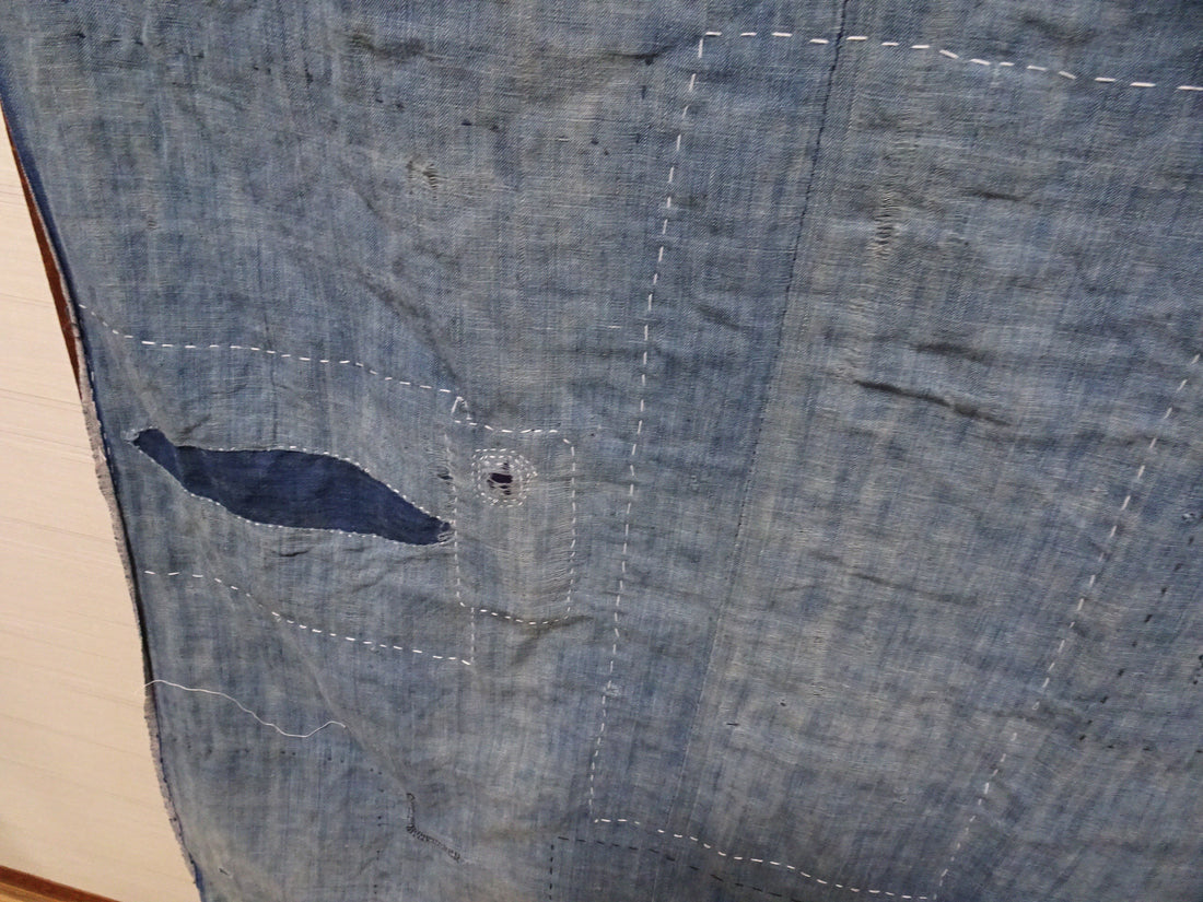 Japanese Antique Cotton Boro Ranru Sashiko kasuri Indigo dye Fabric 13631