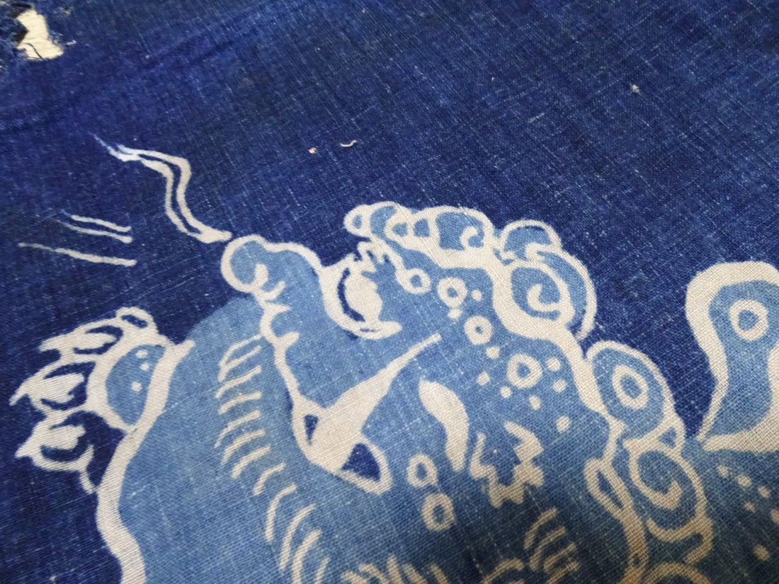 Japanese Antique “Indigo Boro Textile Featuring the Dream-Eating Baku — Tsutsugaki Folk Art from Meiji Japan” 14015