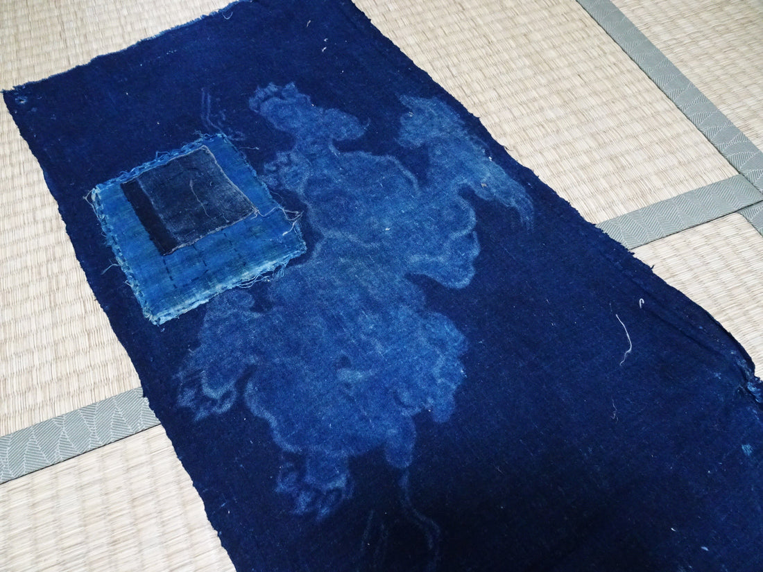 Japanese Antique “Indigo Boro Textile Featuring the Dream-Eating Baku — Tsutsugaki Folk Art from Meiji Japan” 14015