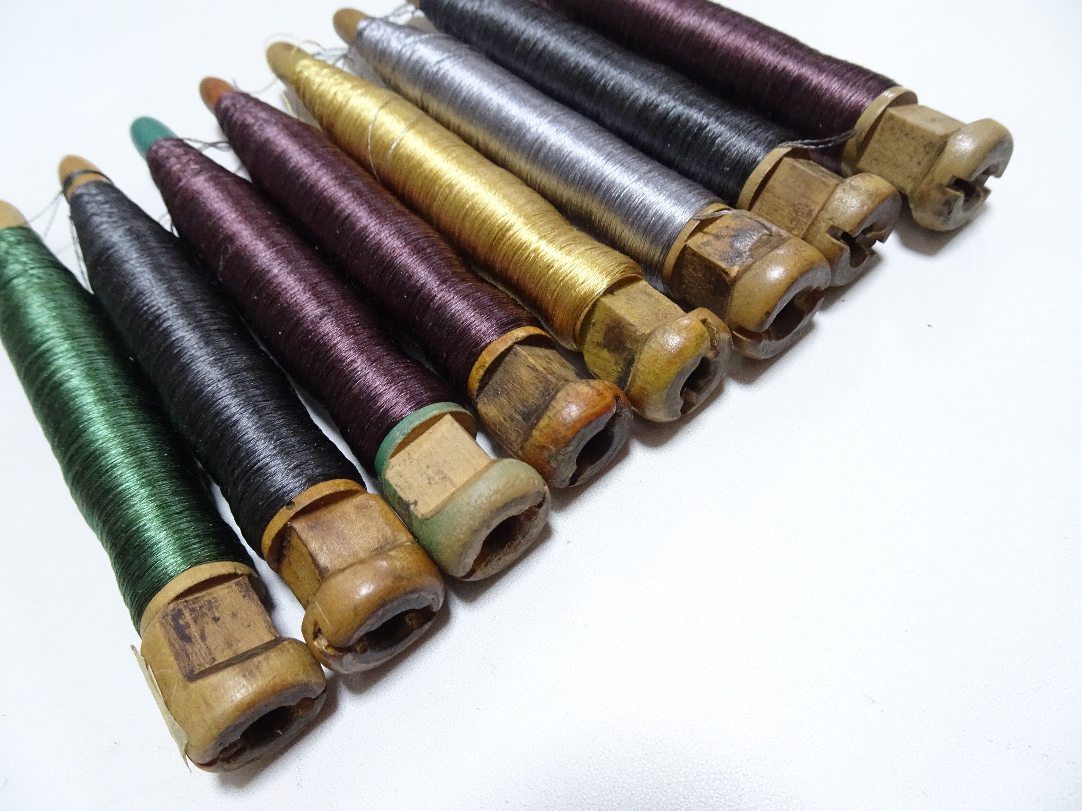 Japanese Vintage Wooden Spool & Silk Thread 8sets Embroidery 18566