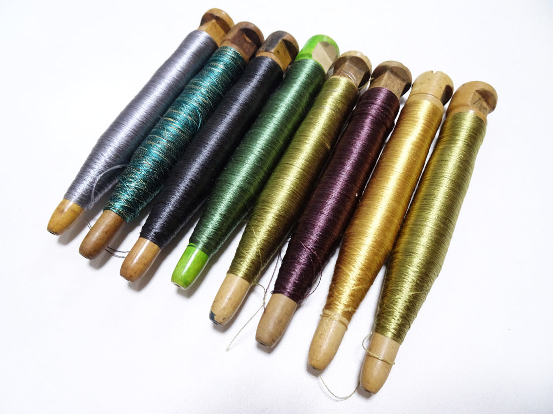 Japanese Vintage Wooden Spool & Silk Thread 8sets Embroidery 18567