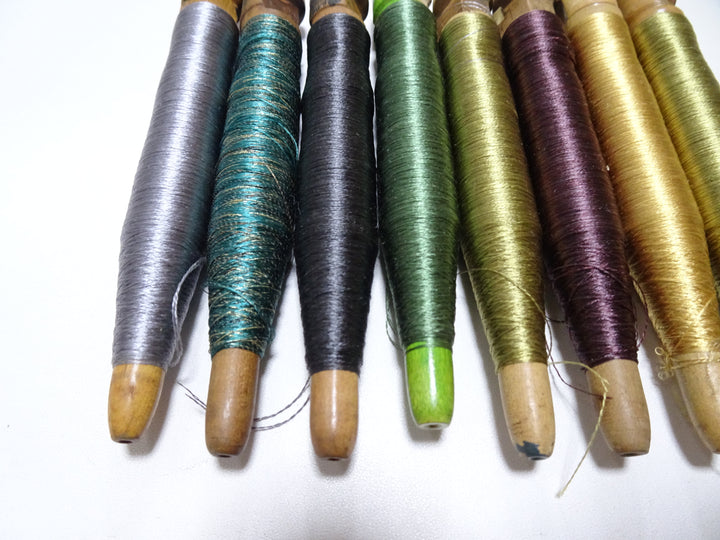 Japanese Vintage Wooden Spool & Silk Thread 8sets Embroidery 18567