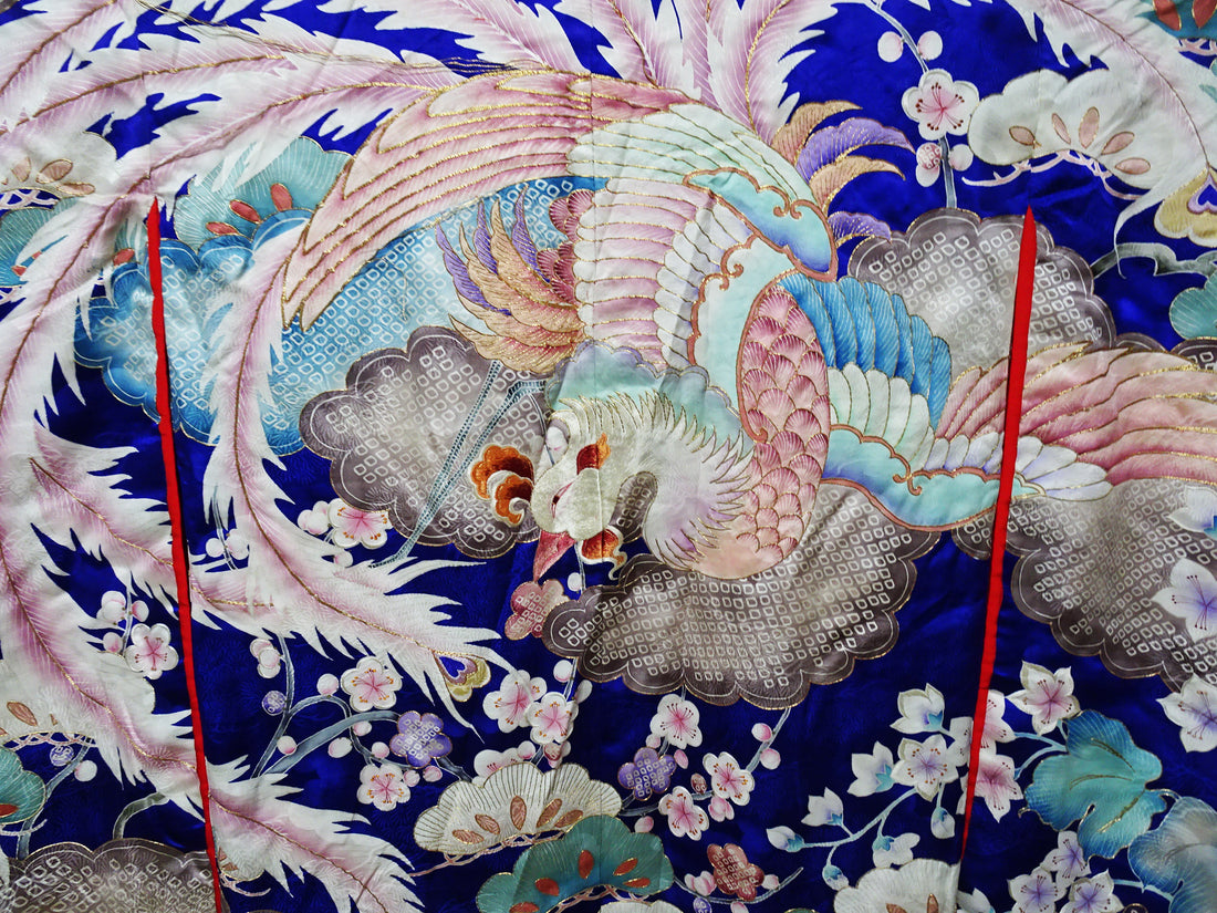 Japanese Antique Rare Taishō Uchikake with Phoenix Motifs – Yuzen Art & Gold Couching 14019