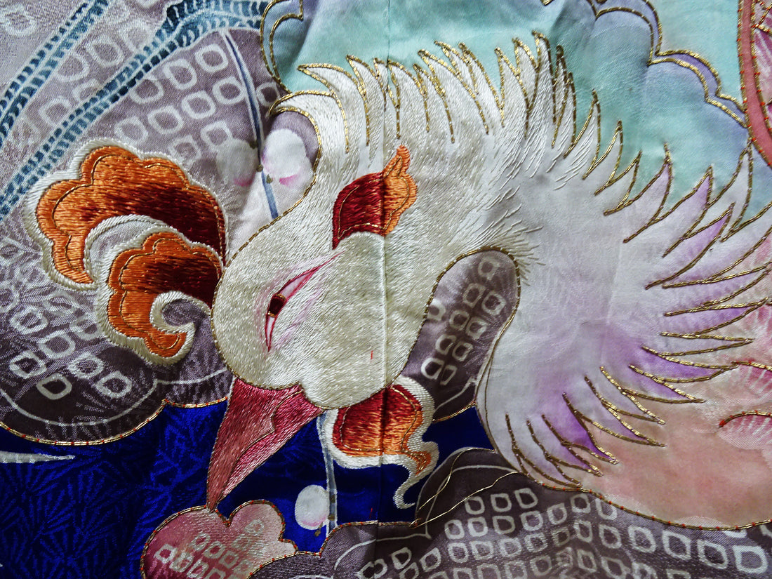 Japanese Antique Rare Taishō Uchikake with Phoenix Motifs – Yuzen Art & Gold Couching 14019