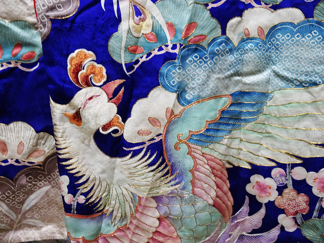Japanese Antique Rare Taishō Uchikake with Phoenix Motifs – Yuzen Art & Gold Couching 14019