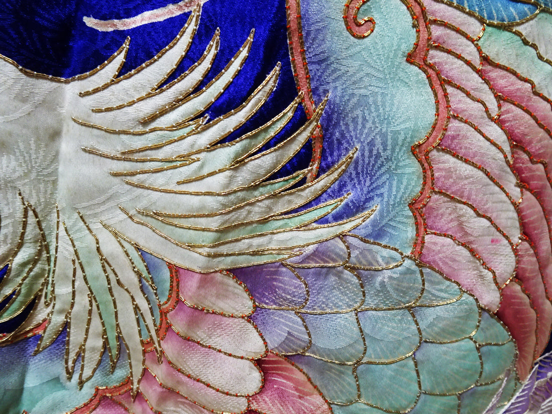 Japanese Antique Rare Taishō Uchikake with Phoenix Motifs – Yuzen Art & Gold Couching 14019