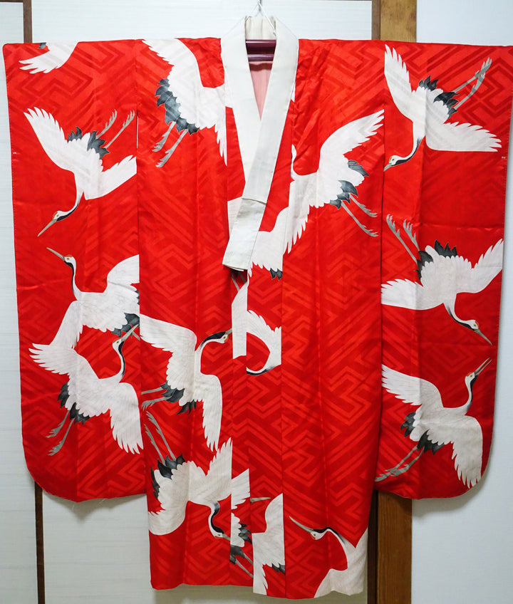 Vintage Japanese Furisode Juban (Kimono Undergarment) – Early Showa Era, Red Silk Rinzu with Cranes  15177