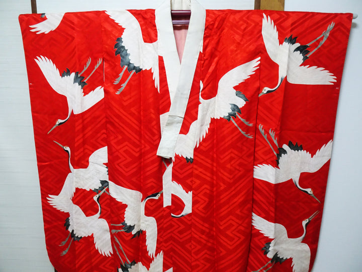 Vintage Japanese Furisode Juban (Kimono Undergarment) – Early Showa Era, Red Silk Rinzu with Cranes  15177