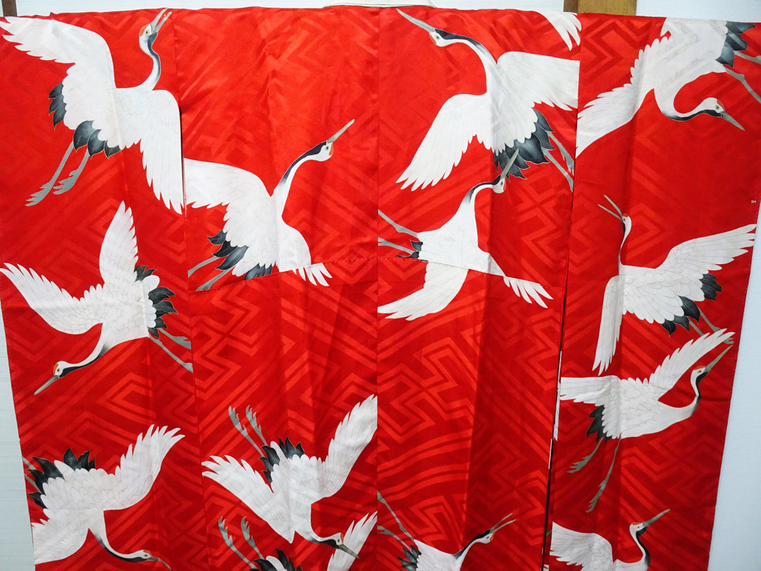 Vintage Japanese Furisode Juban (Kimono Undergarment) – Early Showa Era, Red Silk Rinzu with Cranes  15177