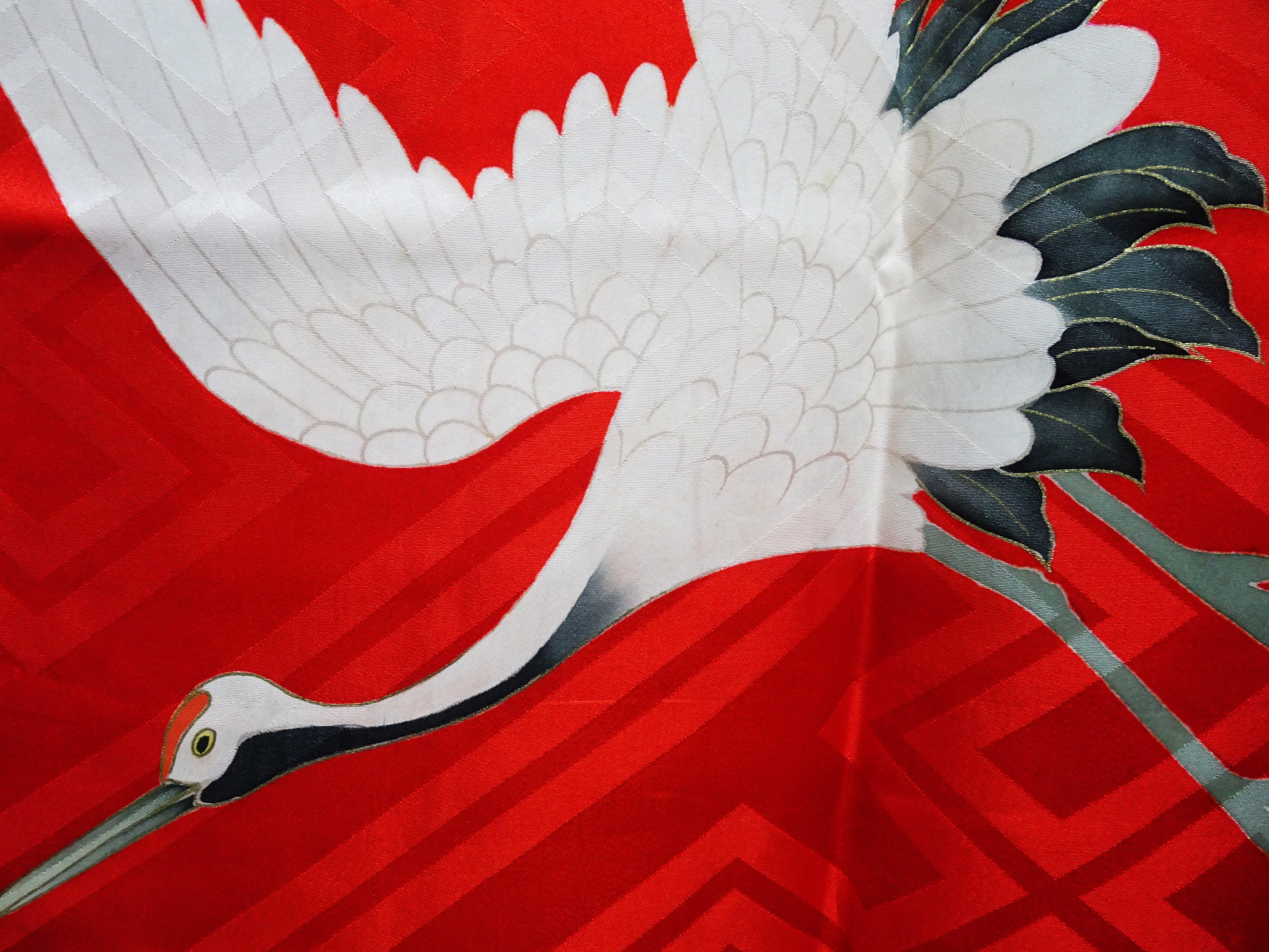 Vintage Japanese Furisode Juban (Kimono Undergarment) – Early Showa Era, Red Silk Rinzu with Cranes  15177