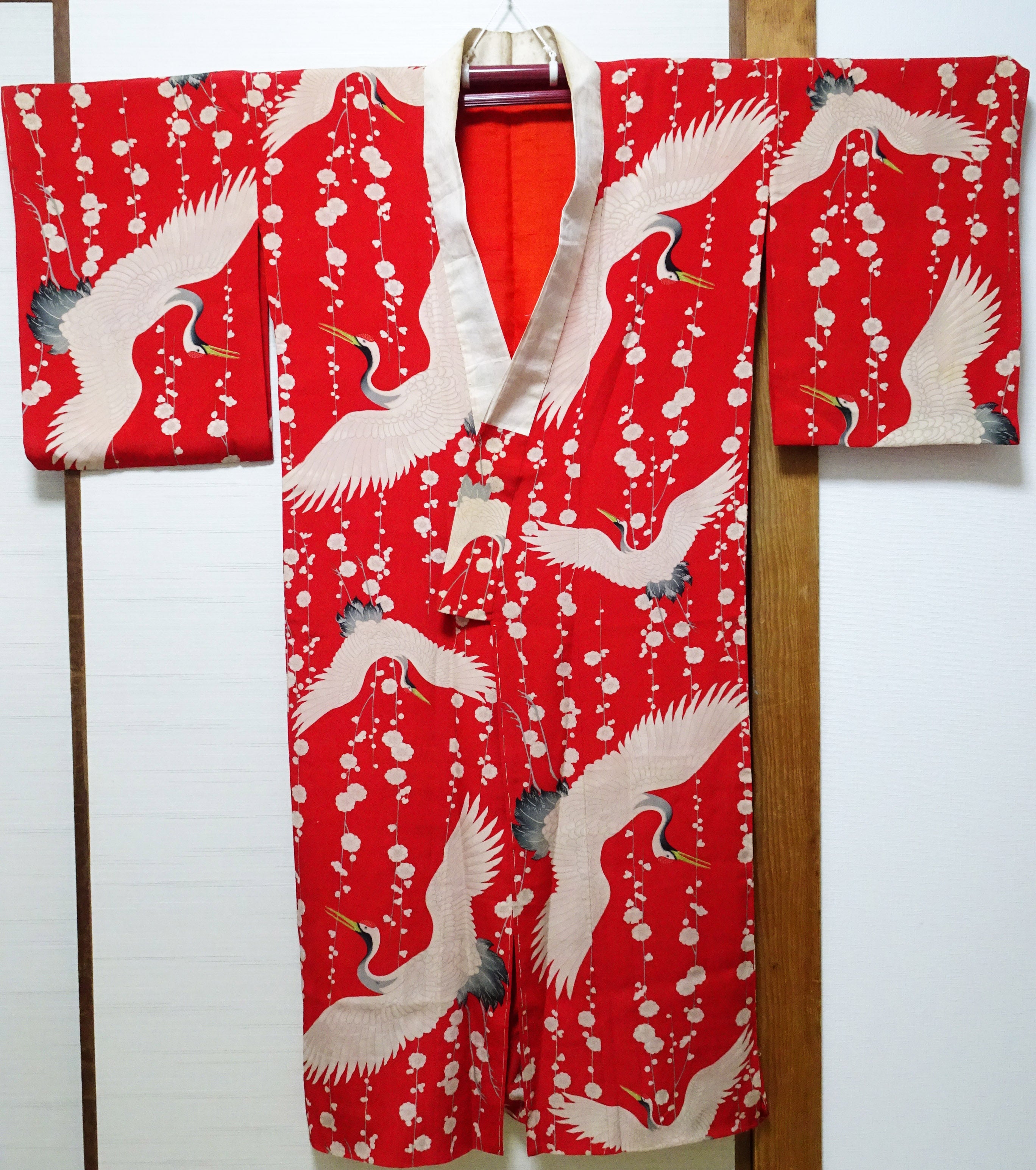 Antique Taisho Era Juban Kimono Lining – Soft Kinsha Silk with Crane Motif  15178