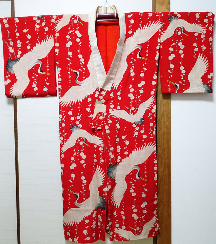 Antique Taisho Era Juban Kimono Lining – Soft Kinsha Silk with Crane Motif  15178