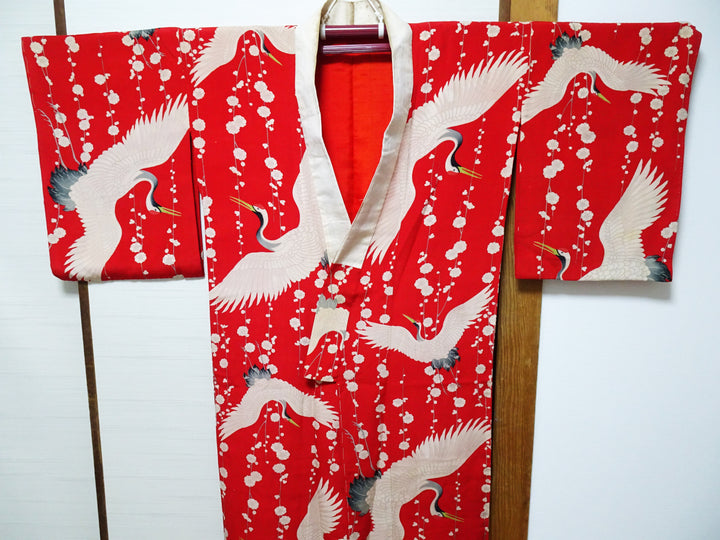 Antique Taisho Era Juban Kimono Lining – Soft Kinsha Silk with Crane Motif  15178