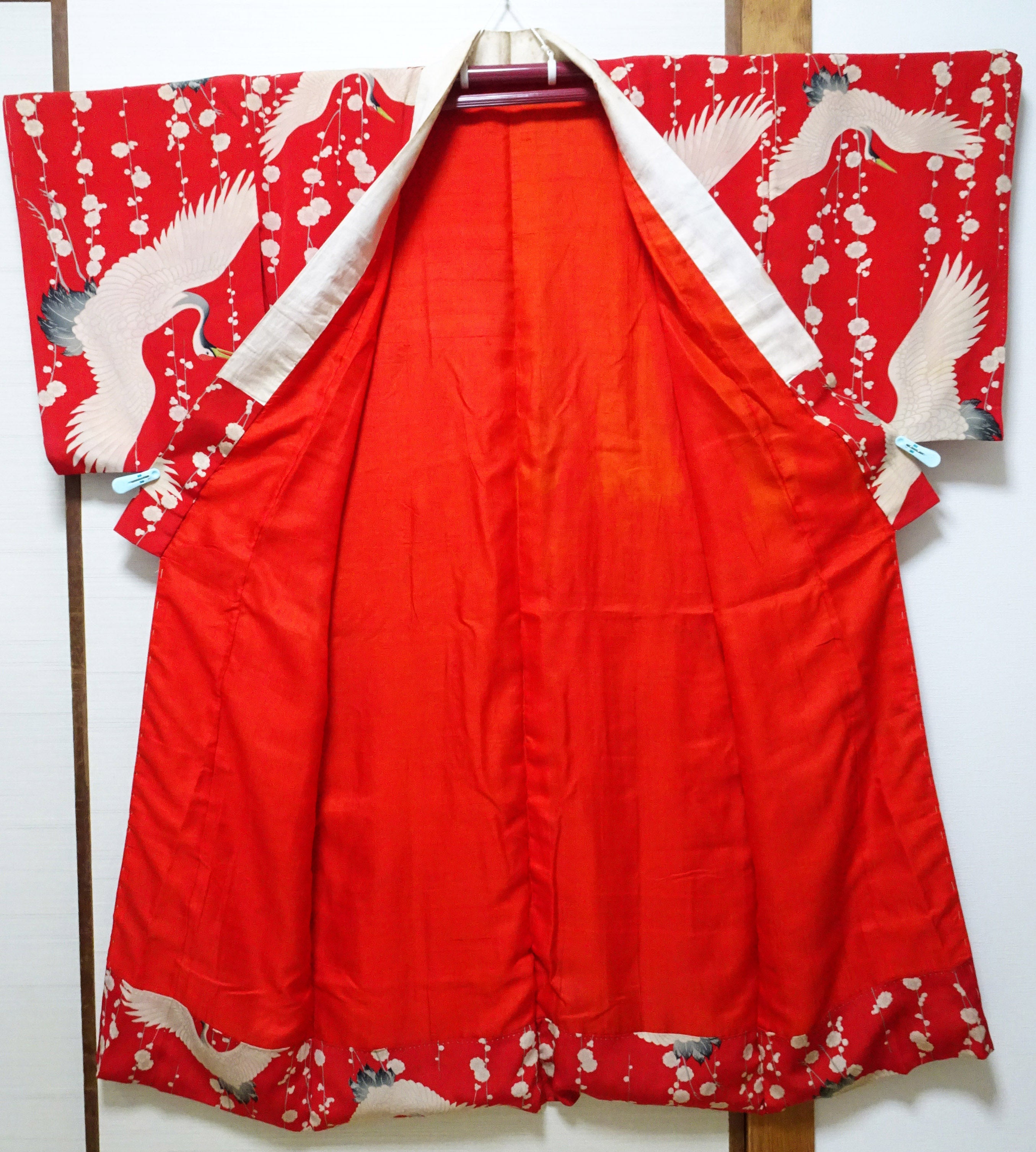 Antique Taisho Era Juban Kimono Lining – Soft Kinsha Silk with Crane Motif  15178