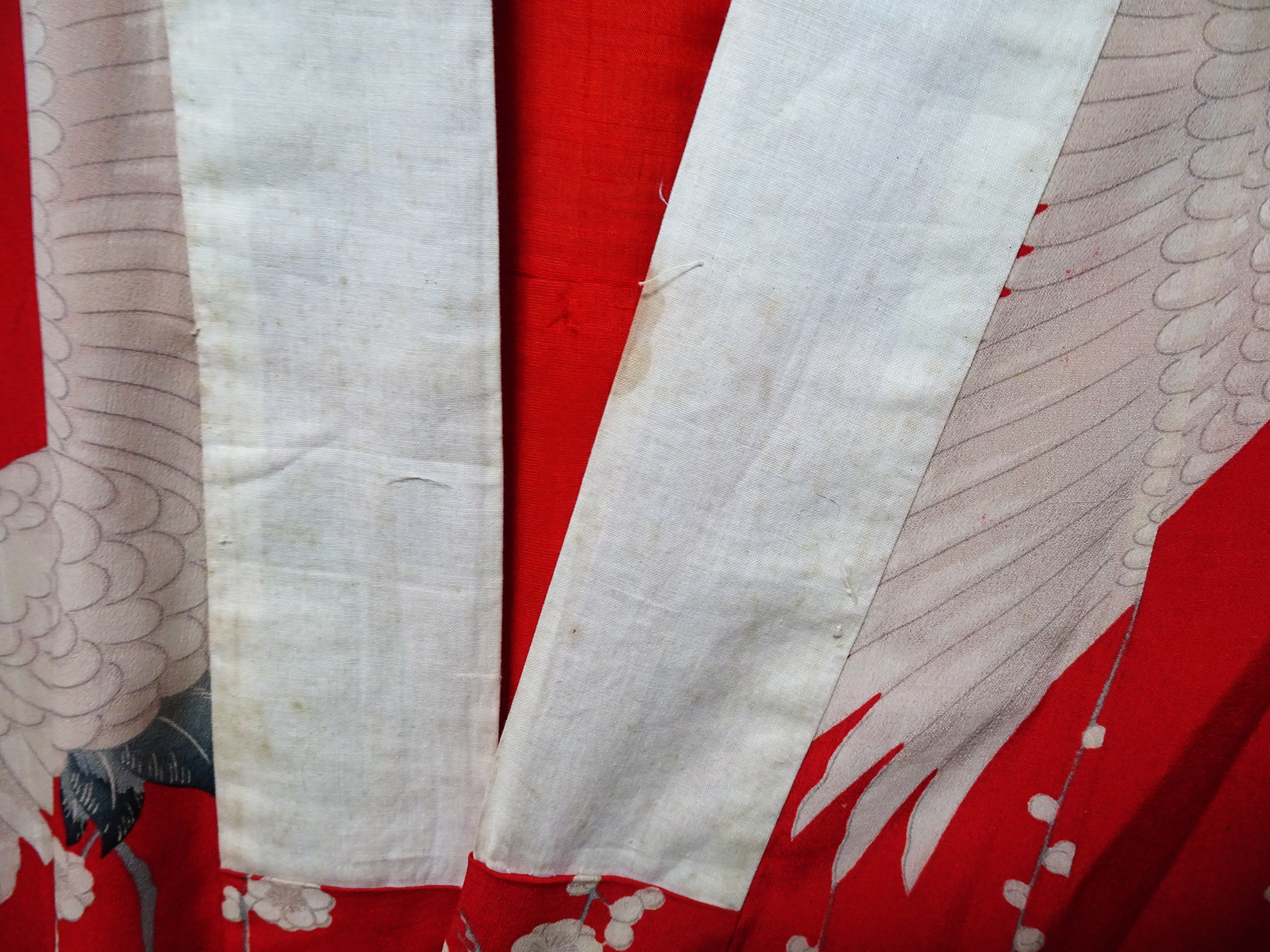 Antique Taisho Era Juban Kimono Lining – Soft Kinsha Silk with Crane Motif  15178