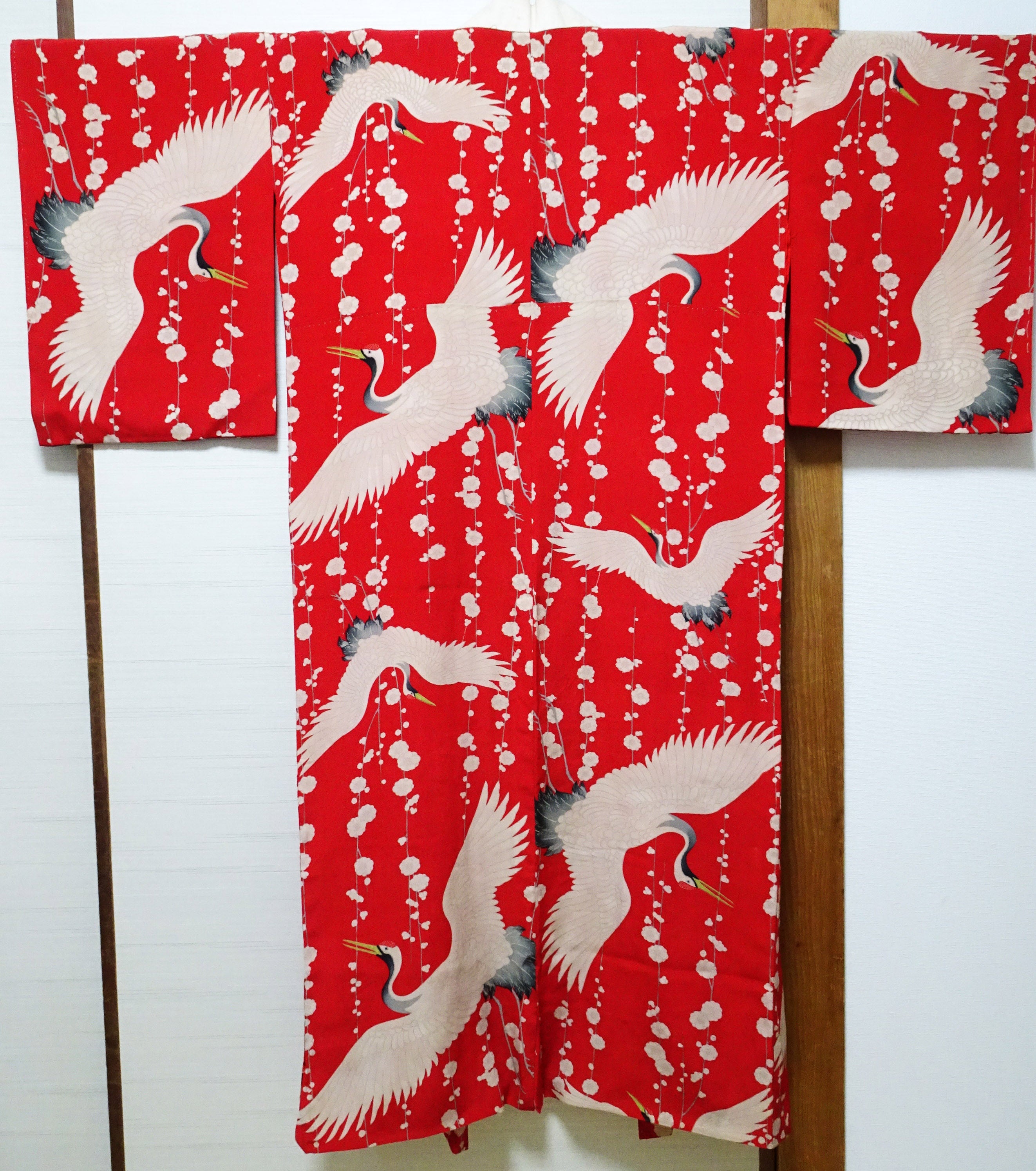 Antique Taisho Era Juban Kimono Lining – Soft Kinsha Silk with Crane Motif  15178