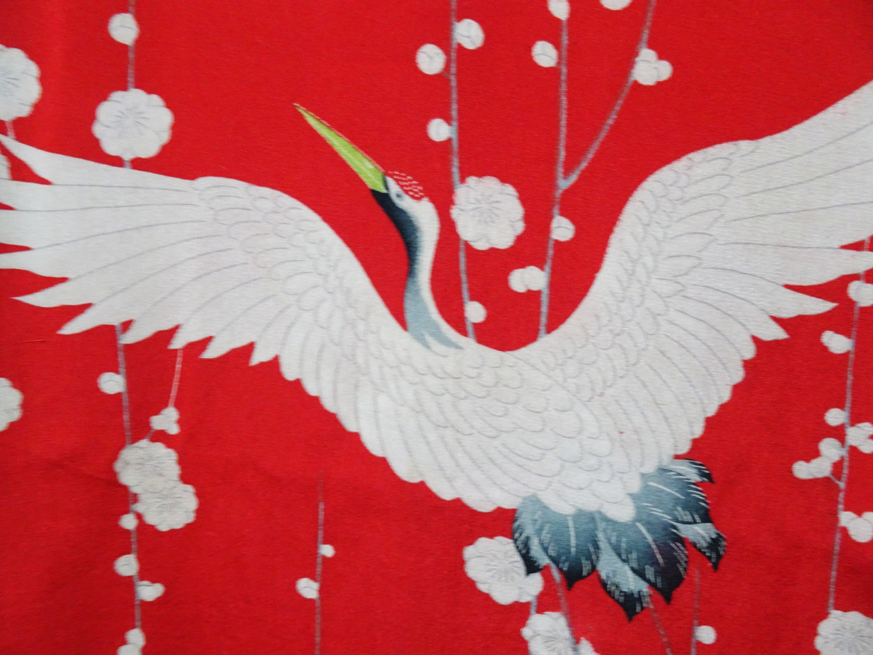 Antique Taisho Era Juban Kimono Lining – Soft Kinsha Silk with Crane Motif  15178