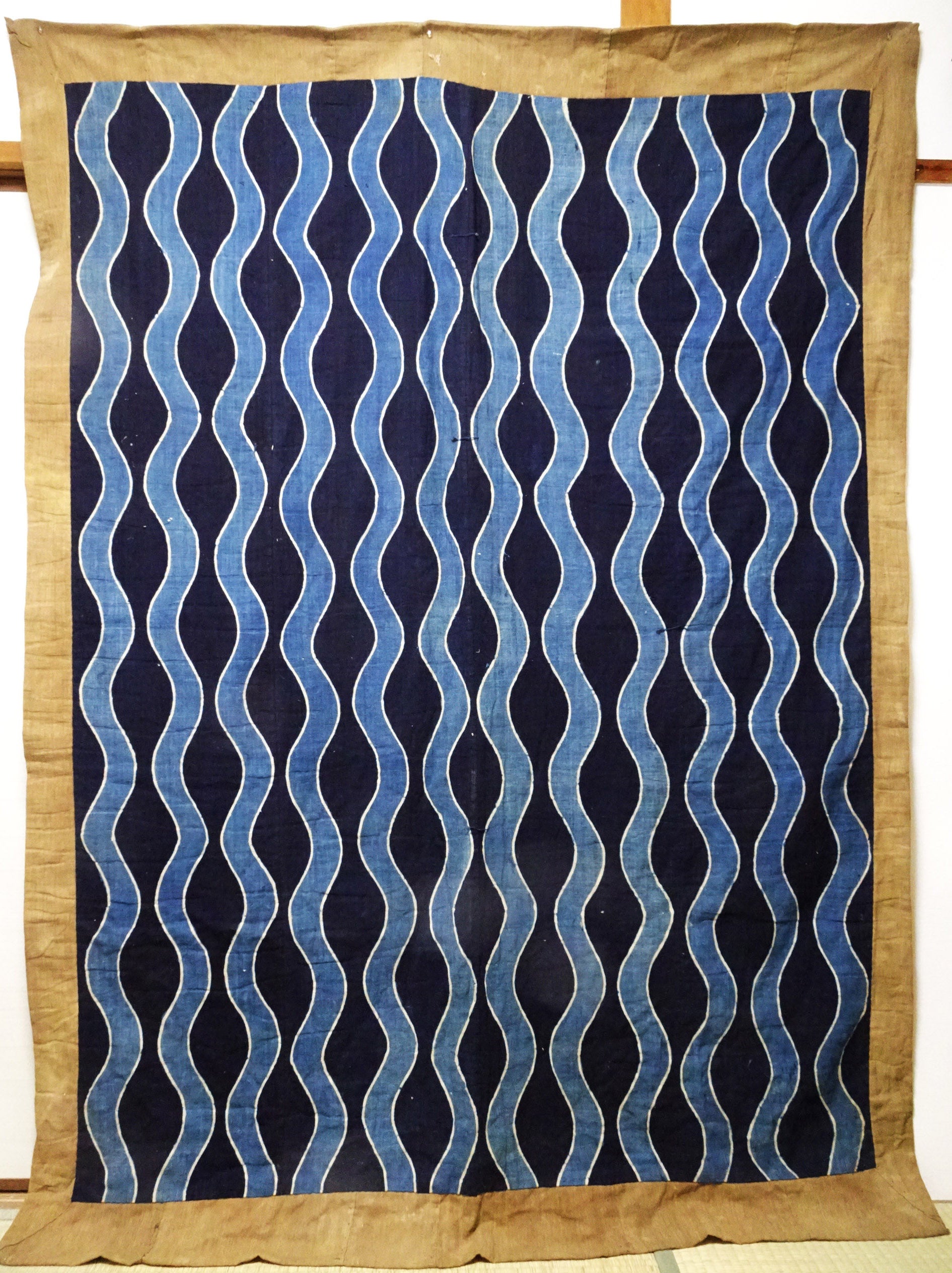 Rare Meiji Tsutsugaki Textile – Indigo Abstract Waves, Antique Japanese Cotton 14519