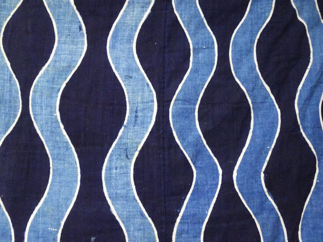 Rare Meiji Tsutsugaki Textile – Indigo Abstract Waves, Antique Japanese Cotton 14519