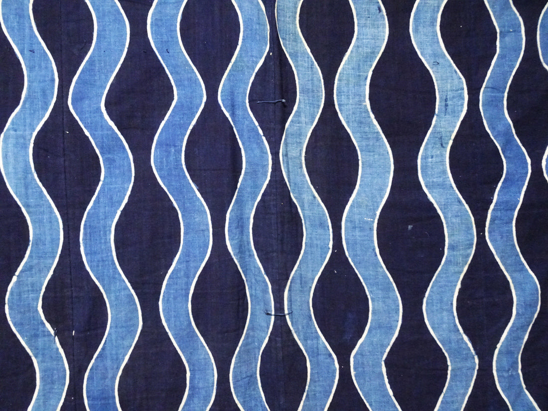 Rare Meiji Tsutsugaki Textile – Indigo Abstract Waves, Antique Japanese Cotton 14519