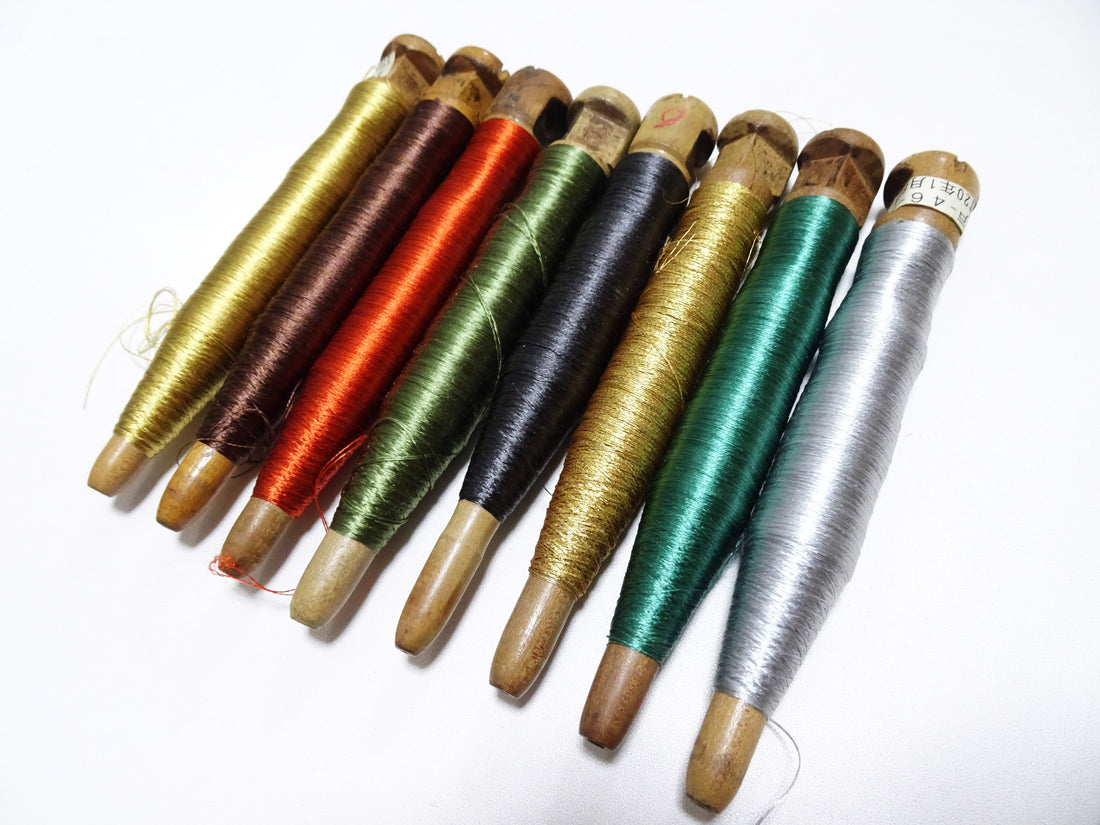 Japanese Vintage Wooden Spool & Silk Thread 8sets Embroidery 18595