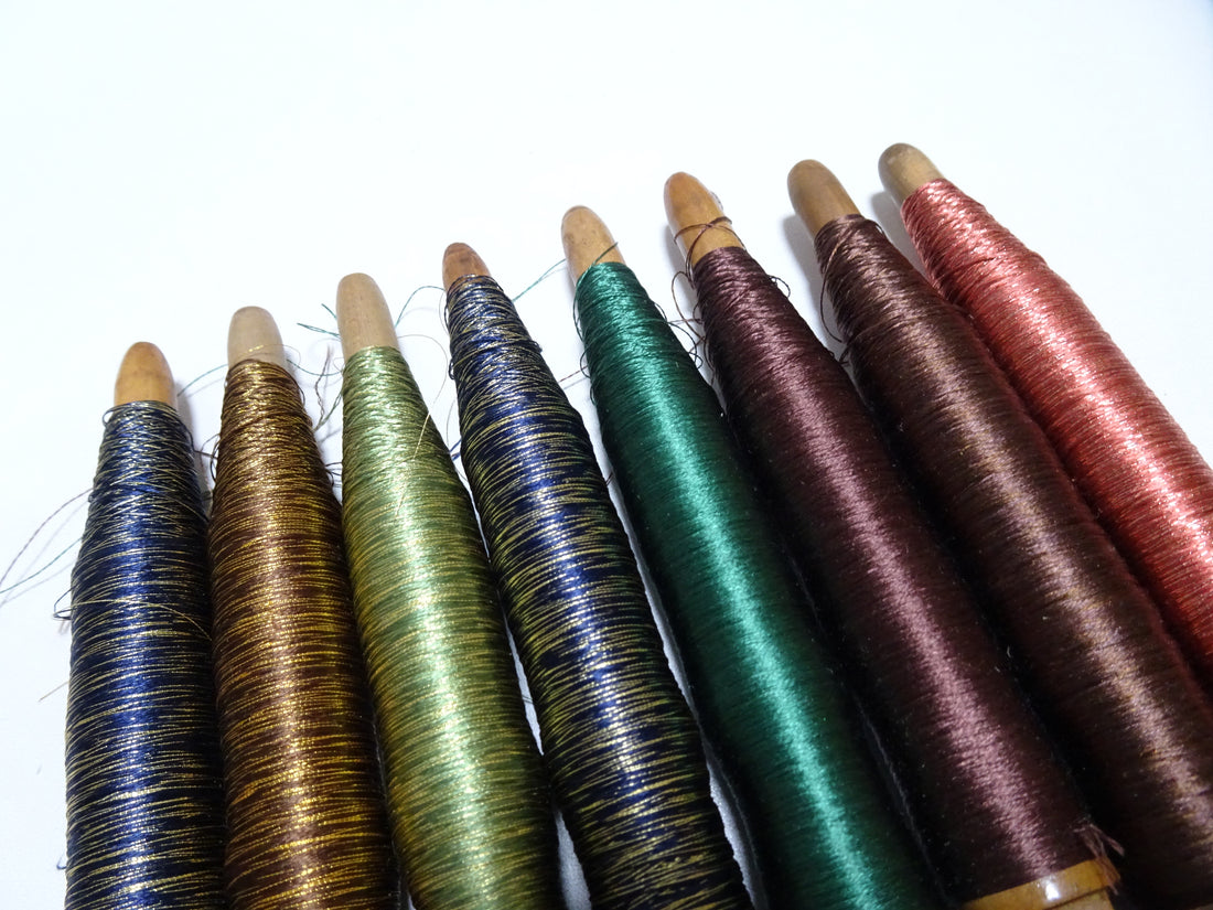 Japanese Vintage Wooden Spool & Silk Thread 8sets Embroidery 18599