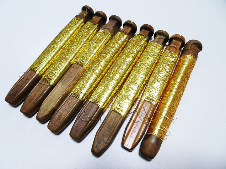 Japanese Vintage Wooden Spool & Gold leaf Thread flat type Hirahaku 8sets Embroidery 18607