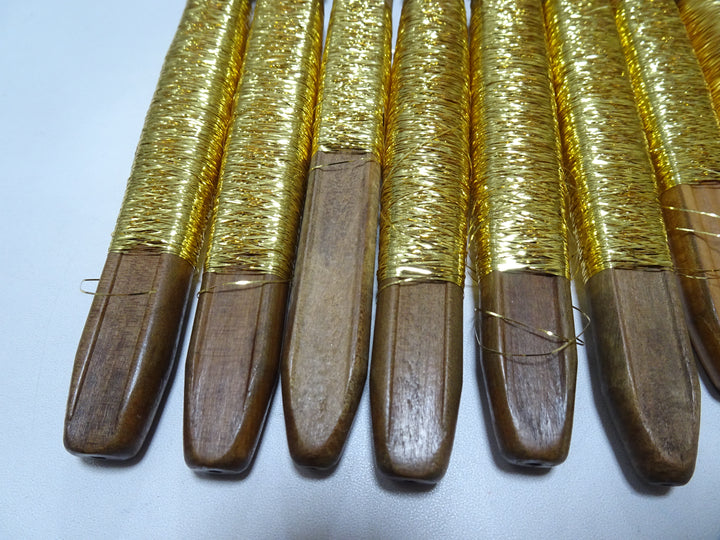 Japanese Vintage Wooden Spool & Gold leaf Thread flat type Hirahaku 8sets Embroidery 18607