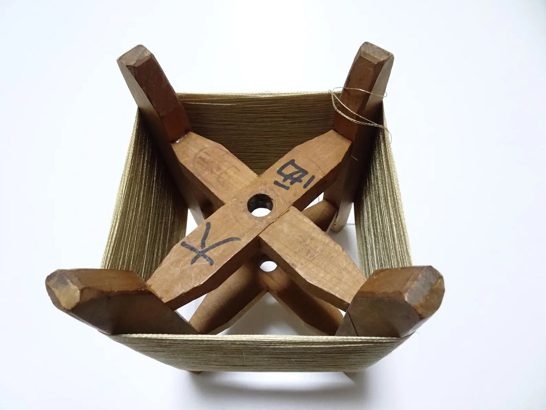 Japanese Vintage wooden spool and silk thread embroidery 12192